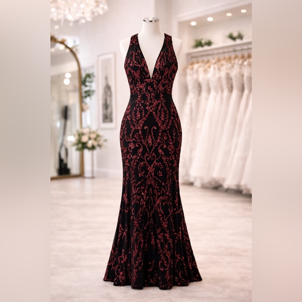 Ricavica Black & Red Sequin Mermaid Gown – Size Medium